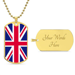 UK Flag Necklace Personalized Engraved Gold Dog Tag Necklace Custom Name Date G